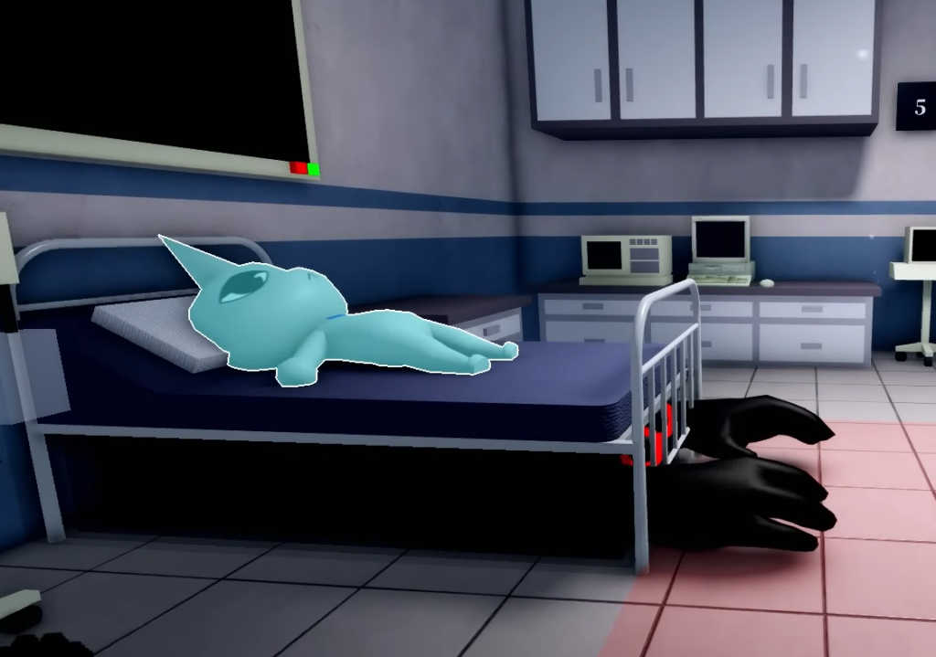 Bed Monster in-game screenshot — black clawed hand reaching from under a hospital bed with red eyes