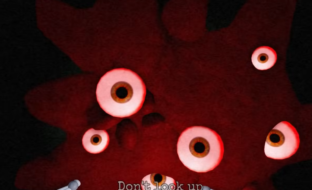 Don't Look Up in-game screenshot — fleshy mass of eyeballs hanging from the ceiling