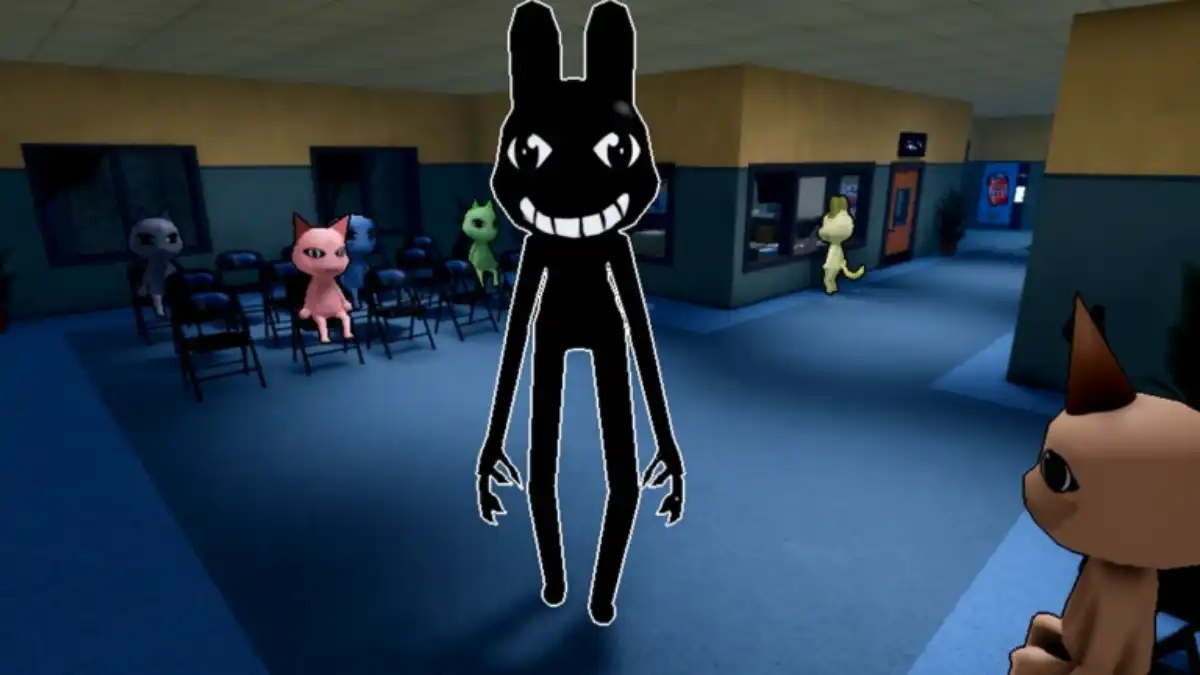 Skinwalker in-game screenshot — tall black bunny figure with large eyes and wide grin