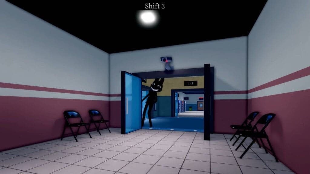 Stalker in-game screenshot — tall dark bunny figure with exaggerated grin lurking in hallway corner